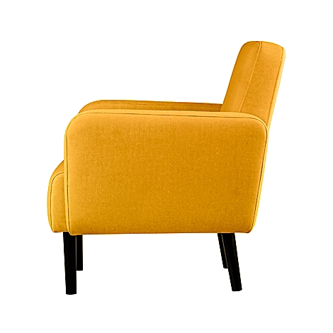 Gele fauteuil in profiel; zwarte poten.