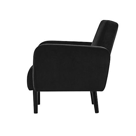Zwarte fauteuil in profiel, minimalistisch design, elegante vorm, zwarte houten poten, op een witte achtergrond.
