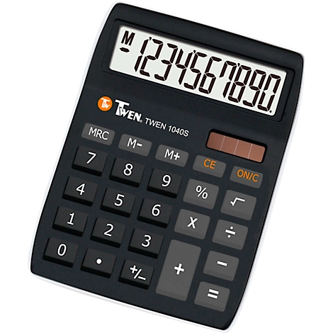 Schwarzer Taschenrechner mit Display, Tasten, Ziffern. Auf dem Display steht '1234567890'. Aufschrift: 'TWEN 1040S'.