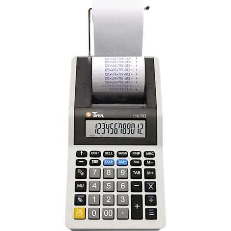 Ein weißer, schwarzer und grauer Taschenrechner mit Papierrolle und einer Digitalanzeige mit der Zahl 123456789012.