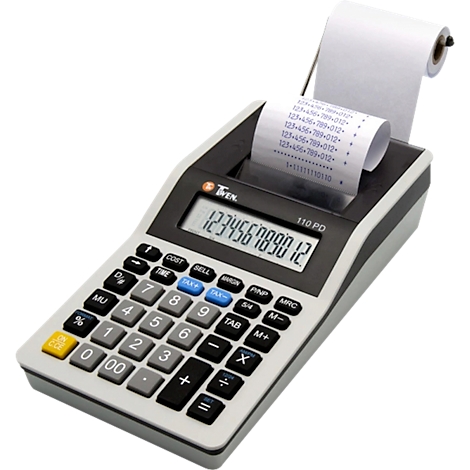 Ein grauer Taschenrechner mit Papierrolle und digitaler Anzeige. Die Anzeige zeigt die Zahlen 123456789012.