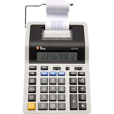 Grauer Taschenrechner mit Papierrolle und Anzeigen. Auf der Anzeige steht 123456789012. Ein Papierausdruck ist zu sehen. Auf den Knöpfen stehen Tax+, Tax-, Rate.