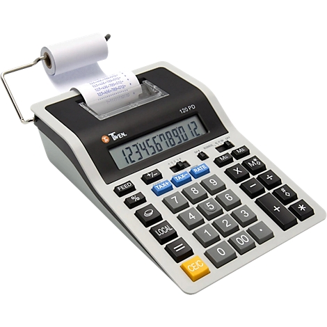 Ein grauer Taschenrechner mit Papierrolle, Display mit Zahlen, viele Tasten.