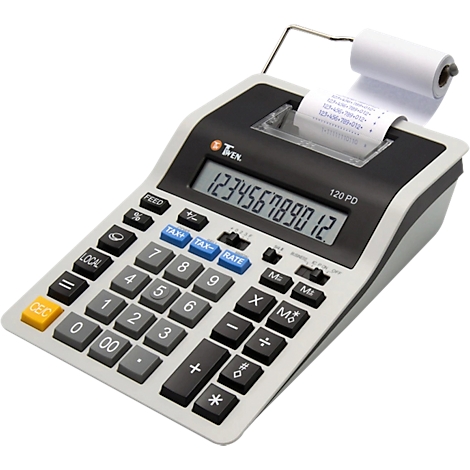 Ein grauer Taschenrechner mit Drucker, Zahleneingabe auf dem Display. Aufgedruckte Zahlen auf Papier. Tasten mit Beschriftungen.