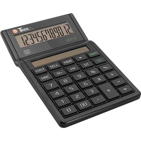 Black calculator with number display, numbers from 1 to 12. Buttons with functions.