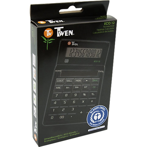 Black calculator in packaging. The display shows "123456789012". Prints: "TWEN", "BLAUER ENGEL".