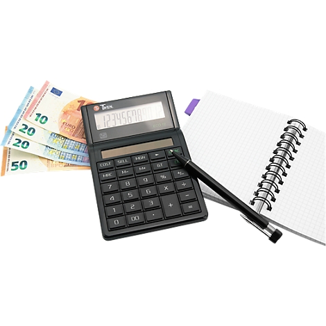 Calculator with numbers on display, pen, notepad, and banknotes on a white background.