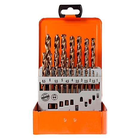 Orange metal box with drill bit set. The drill bits are arranged and labeled in various sizes.