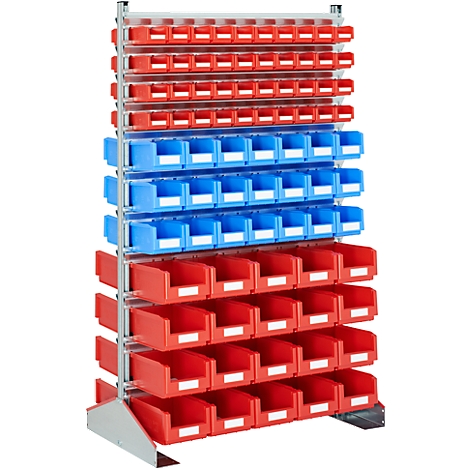 A shelf with red and blue storage boxes.