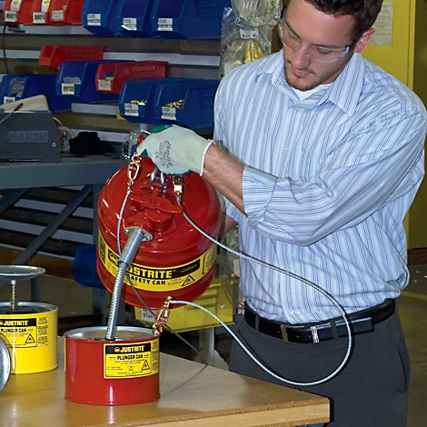 A man fills liquid from a red canister into a red can. Both are marked with yellow warning signs.