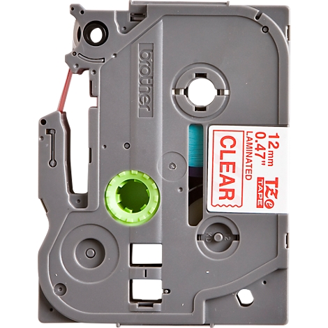 Gray Brother label cartridge with green roller and red "CLEAR" text.