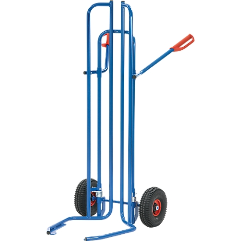 Blue sack truck with red accents and two wheels.