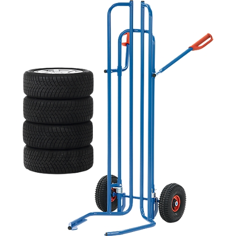 A blue tire cart with four tires, against a white background.