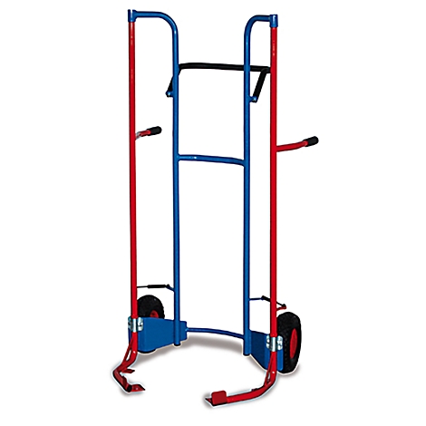 Blue and red transport cart with two wheels and handles.
