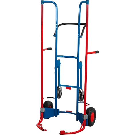 Blue and red stair climber hand truck, on white background. Wheels, handle, and brackets.