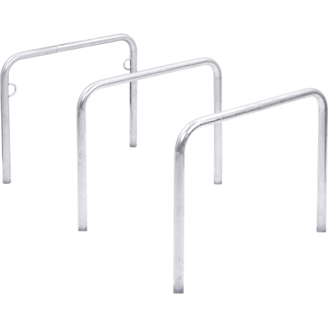 Three silver, curved bike racks against a white background.