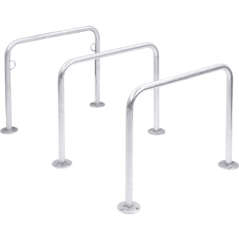 Gray metal bicycle racks, arranged in a triple row, with round base plates, in front of a white background.