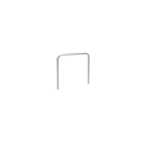 A metal bike rack against a white background.