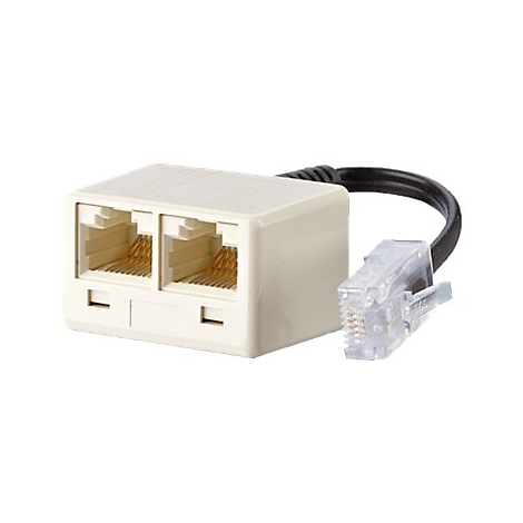 Ein cremefarbenes RJ45-Kabel-Splitter mit zwei AnschlÃ¼ssen und einem schwarzen Kabel. Der Stecker ist transparent.
