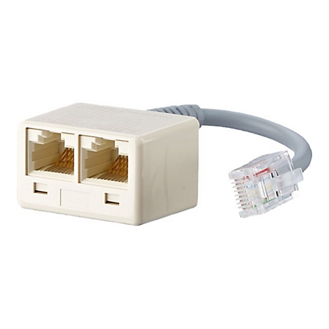 Ein beigefarbener Telefonanschluss-Splitter mit zwei Buchsen und einem grauen Kabel, das zu einem transparenten RJ45-Stecker fÃ¼hrt.