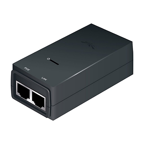Ein rechteckiger, dunkelgrauer PoE-Adapter. Auf der Oberseite befindet sich ein Einschalt-Symbol und ein Logo. Auf der Vorderseite stehen die Bezeichnungen POE und LAN.