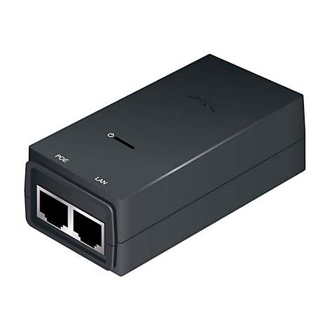 Ein schwarzer PoE-Adapter mit LAN- und PoE-Anschlüssen, einem Ein/Aus-Symbol und dem Logo des Herstellers.
