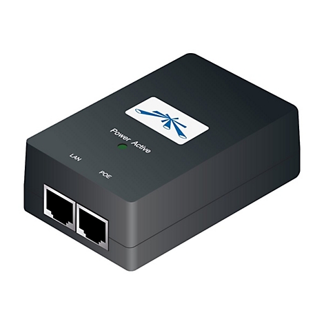 Schwarzes PoE-Gerät mit LAN- und PoE-Anschlüssen. Text: Power Active, LAN, POE. Mit Logo.