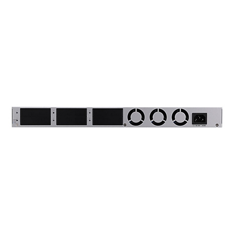 RÃ¼ckseite eines silbernen Servers mit LÃ¼ftern und AnschlÃ¼ssen.