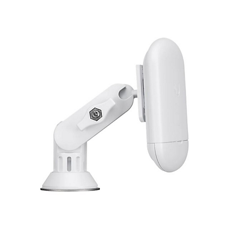 Ein weiÃŸes Wandmontage-Kit mit Halterung und Antenne, vor weiÃŸem Hintergrund.
