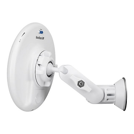 WeiÃŸes Funkmodul mit Antenne, an Halterung befestigt. Rechts daneben Halterung mit Schraube und weiÃŸem Knauf.