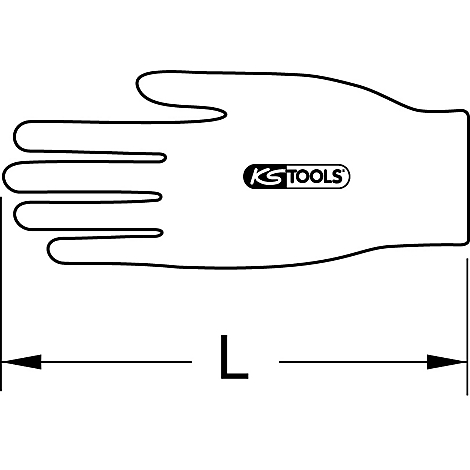 Umriss eines Handschuhs mit dem Logo "KS TOOLS" und der Beschriftung "L".
