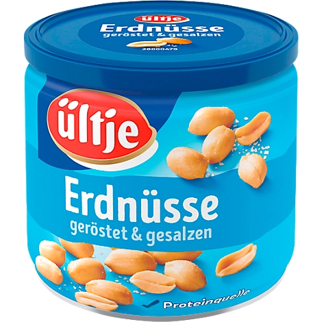 Blaues Ültje Erdnussglas mit gerösteten und gesalzenen Erdnüssen. Der Deckel und die Beschriftung sind deutlich zu sehen.