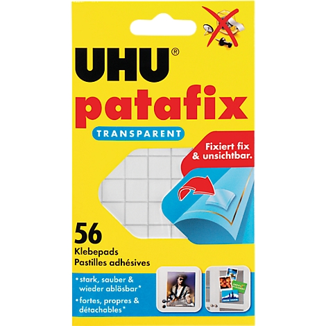 Yellow UHU patafix package. The text 'UHU patafix transparent' is visible, with 56 adhesive pads underneath. With example images of the application.