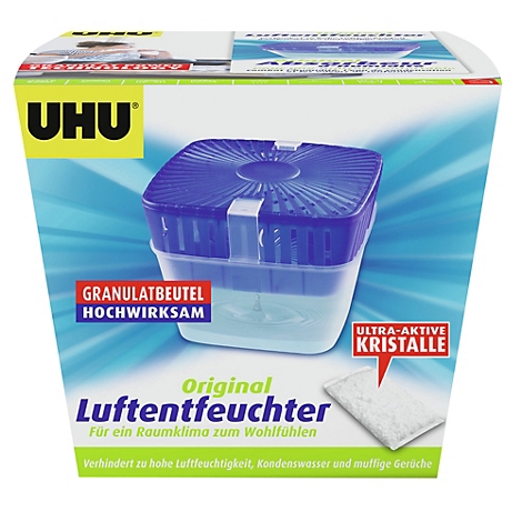 Déshumidificateur UHU sur fond bleu et blanc, le produit affiche les caractéristiques du produit avec des textes tels que "Sachet de granulés très efficace" et "Cristaux ultra-actifs".