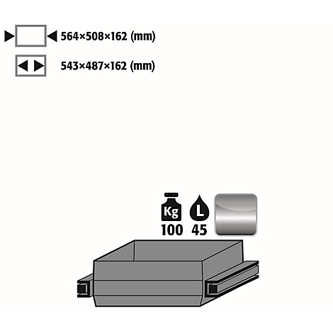 Grijze rechthoekige container met afmetingen en gewichtsspecificaties. Linksboven: Afmetingspecificaties. Onder: Container met gewichts- en volumespecificaties.