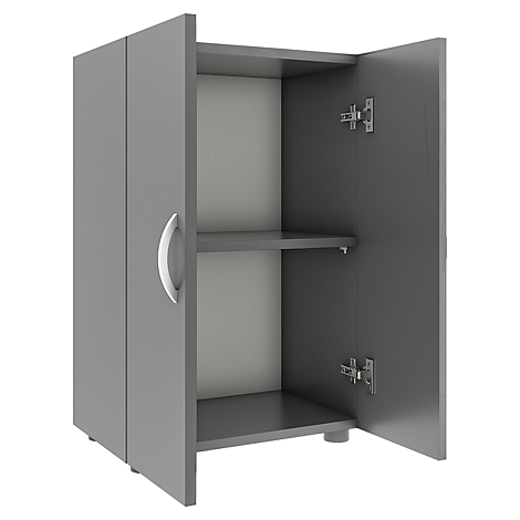 Gray cabinet with open doors. Two shelves inside. A white handle is visible on the left door.