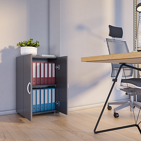 Grey filing cabinet with open doors, filled with binders. A plant sits on top of the cabinet. Background: desk and chair.