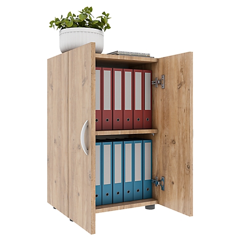 An opened wooden filing cabinet with red and blue folders. On top are a potted plant and a book.