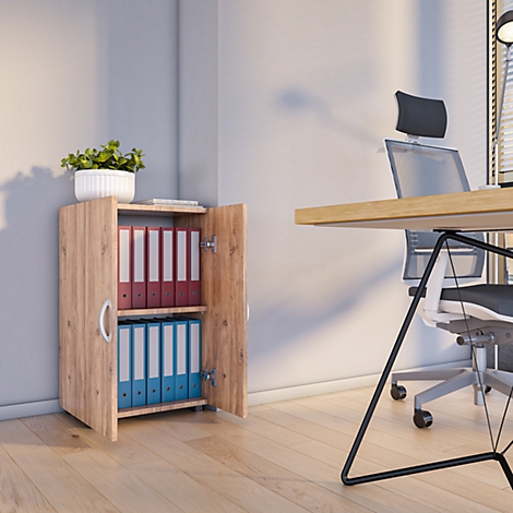 Small wooden cabinet with folders in an office. A plant on top.