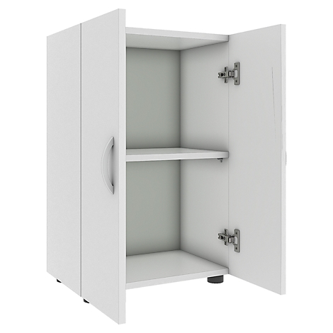 White cabinet with open doors, two shelves, and silver handles. The door hinges are visible.