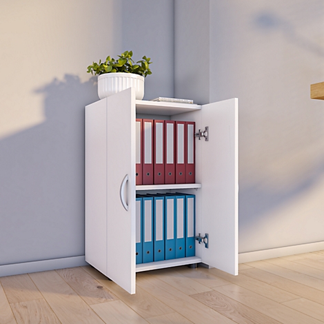 White filing cabinet with open doors, filled with folders. A plant on top.