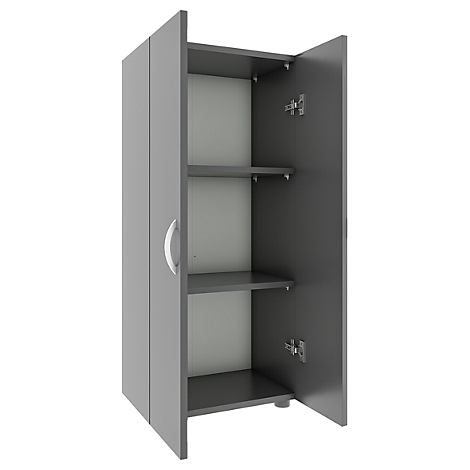Gray cabinet with open doors, shelves, and a white handle. The background is also white.