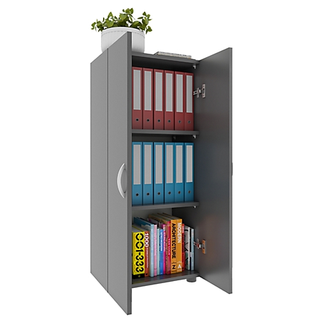 Grey filing cabinet with open doors. There are folders and books on the shelves.