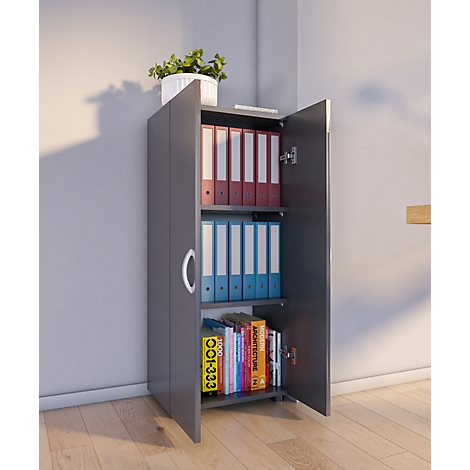 Grey cabinet with open doors, filled with folders and books. A plant on top. Light wood parquet.