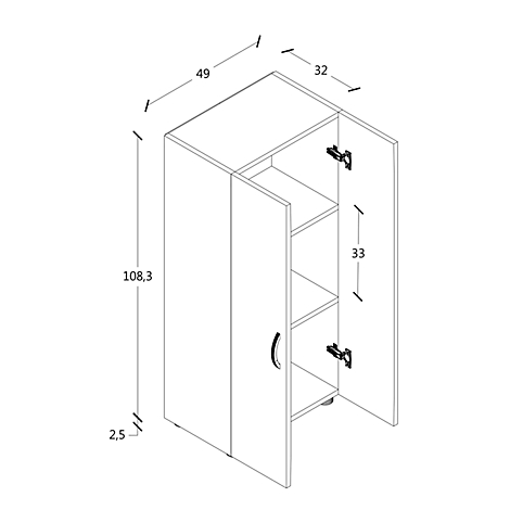 Cabinet in overhead view. Dimensions: 108.3 x 49 x 32 cm. One door is open.