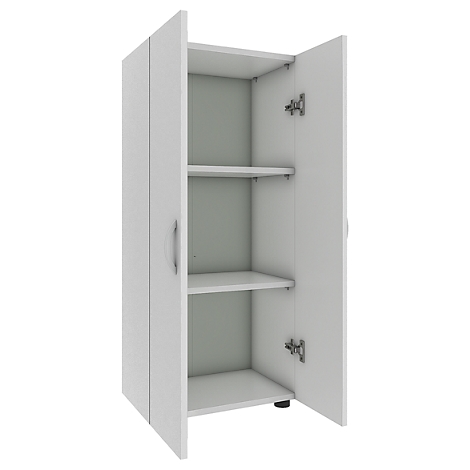 White cabinet with open doors, inside with two shelves. Handles and hinges are silver.