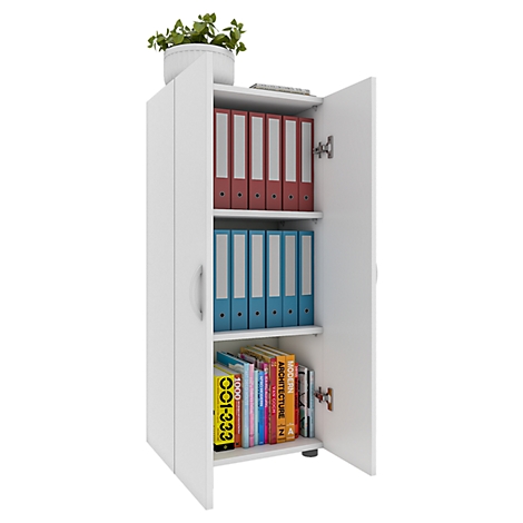 White cabinet with open doors. Red, blue binders and books in the compartments. Plant on top.
