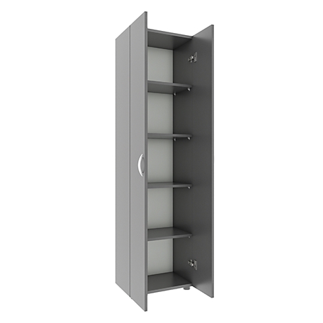 Grey cabinet, open door. Inside white back wall and four shelves.