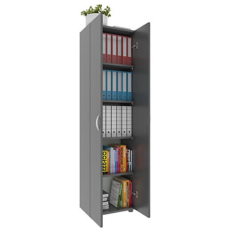 Grey filing cabinet with open doors, filled with folders and books. A plant sits on top.