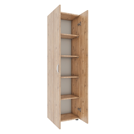 An open wooden cabinet with shelves, door open on the left. Light brown wood grain, silver handle.